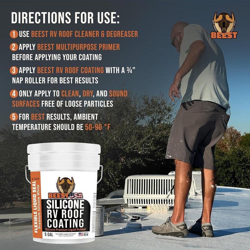 BEEST RV Roof Repair Kit Includes: Silicone Roof Coating 5G, EPDM Primer 1G, RV Cleaner 32 Oz, Non-Sag & Self-Leveling Lap Sealant, Seam Roller, Seam Tape & Gloves| Repair & Maintenance Bundle - Image 3